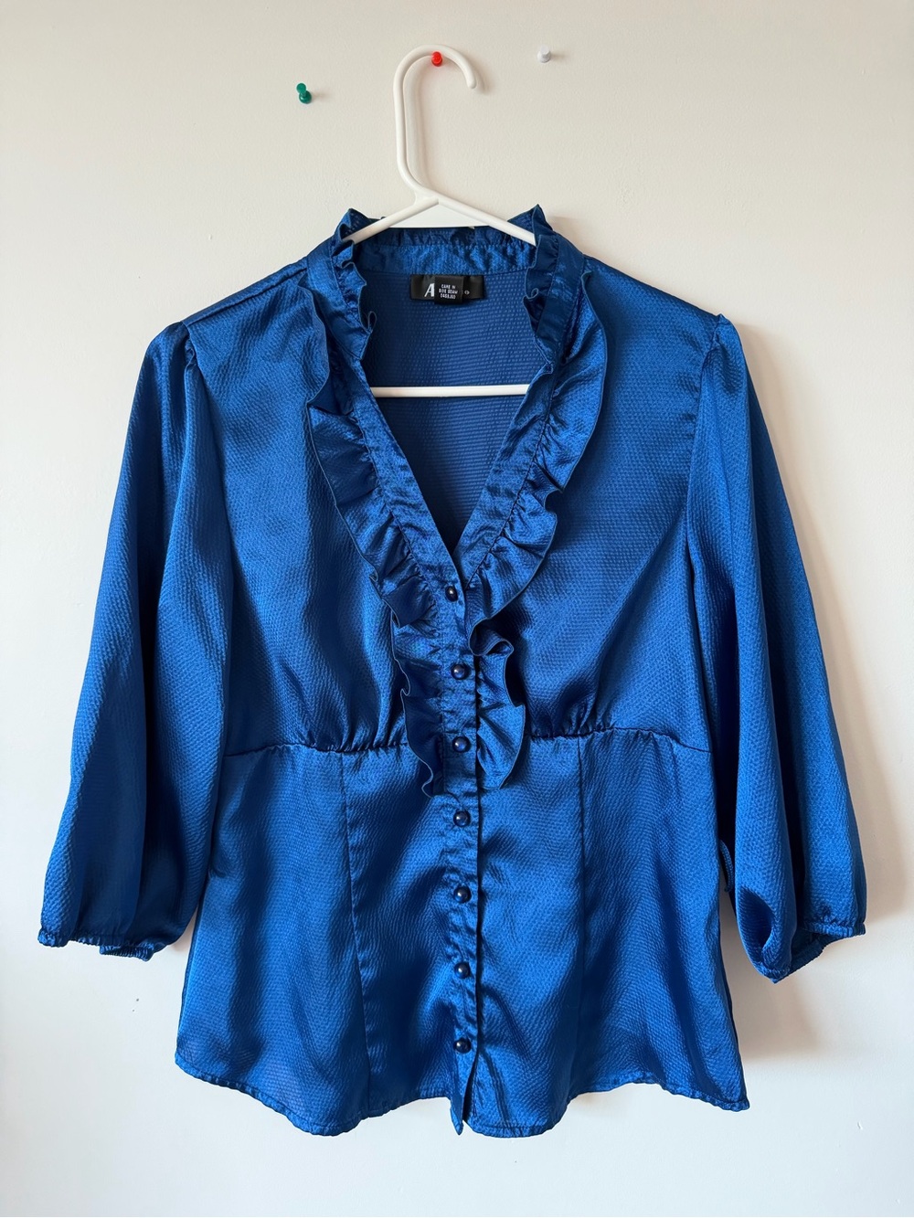 AB Studio Royal Blue Satin Ruffle V-Neck Blouse